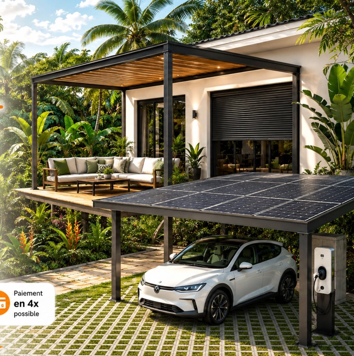 Villa en Guyane avec pergola bioclimatique, volets roulants et carport solaire Nord System